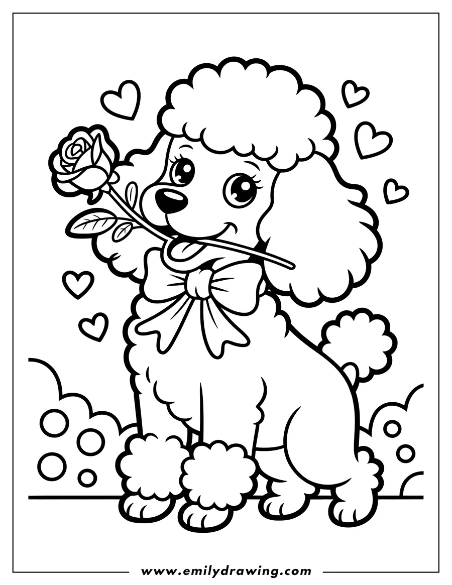 Line art of a poodle holding a rose in its mouth. The poodle has a bow tied around its neck. Hearts float in the background.