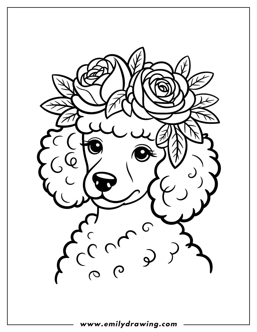 Line art of a poodle wearing a crown of roses and leaves.
