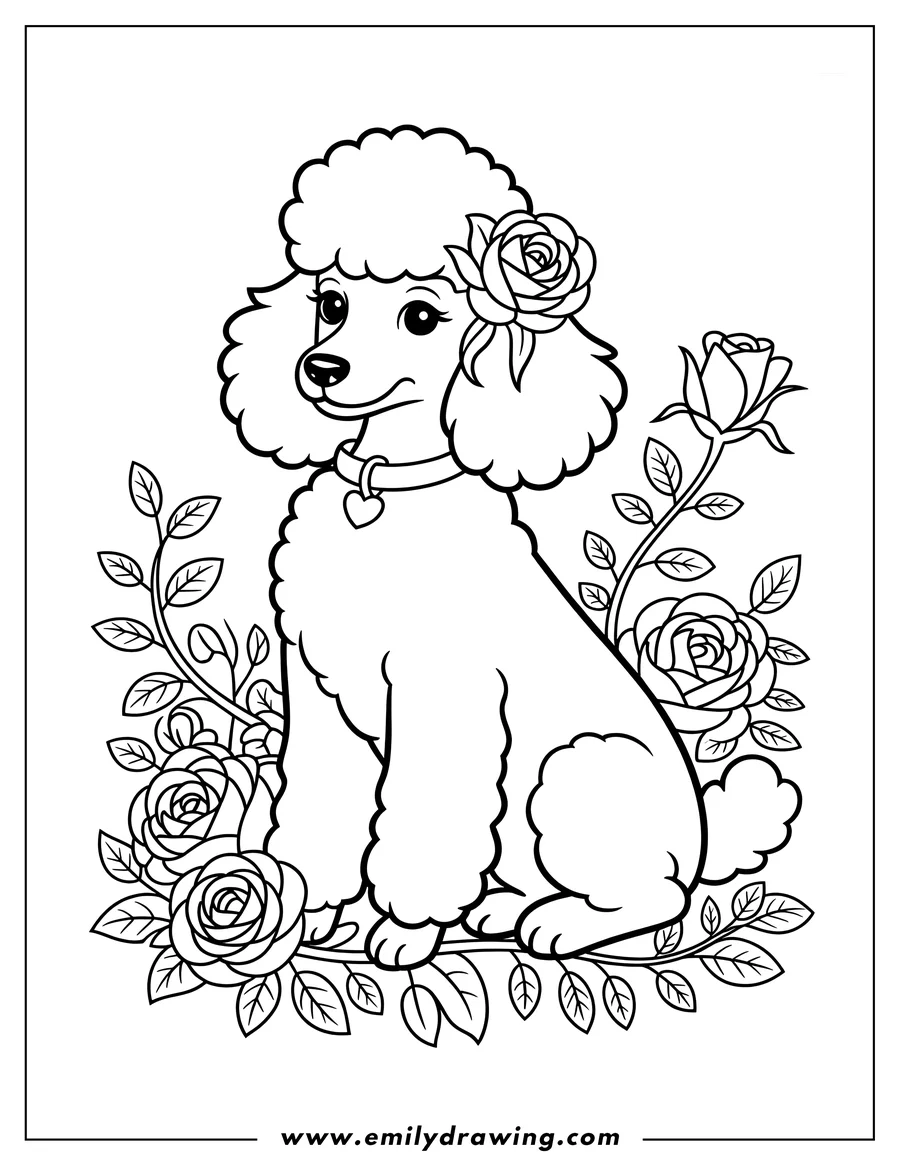 Line art of a poodle sitting with roses around it. The poodle has a rose tucked behind its ear and wears a collar with a heart charm.