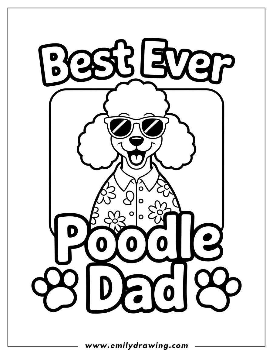 Line art of a poodle wearing sunglasses and a floral shirt. The words 