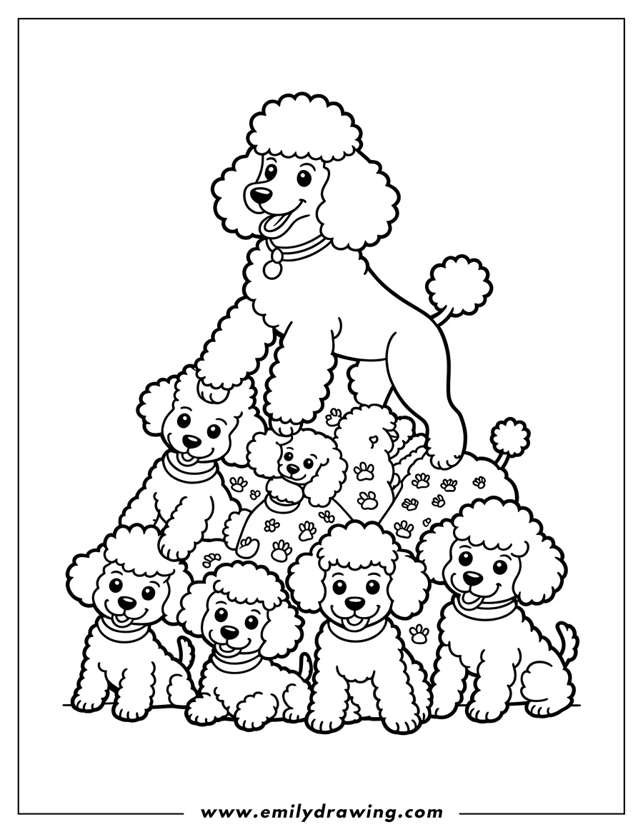 Outline of a group of poodles, one large adult and several playful puppies.