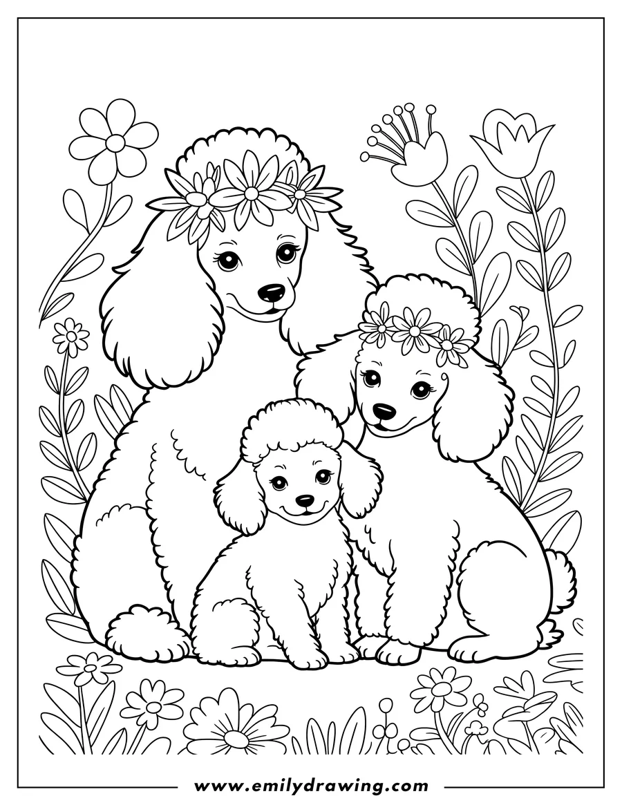 Outline of three poodles wearing flower crowns, surrounded by flowers and leaves.
