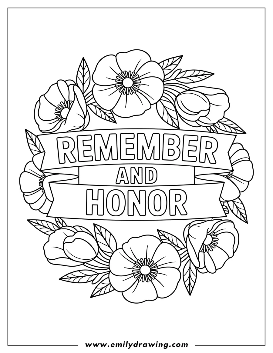 Outline of a circular wreath of poppies with a ribbon in the center. The ribbon has the words
