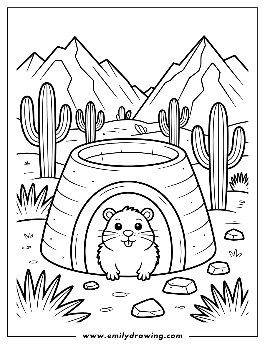 Line art of a prairie dog peeking out from its burrow in a desert landscape with cacti and mountains.
