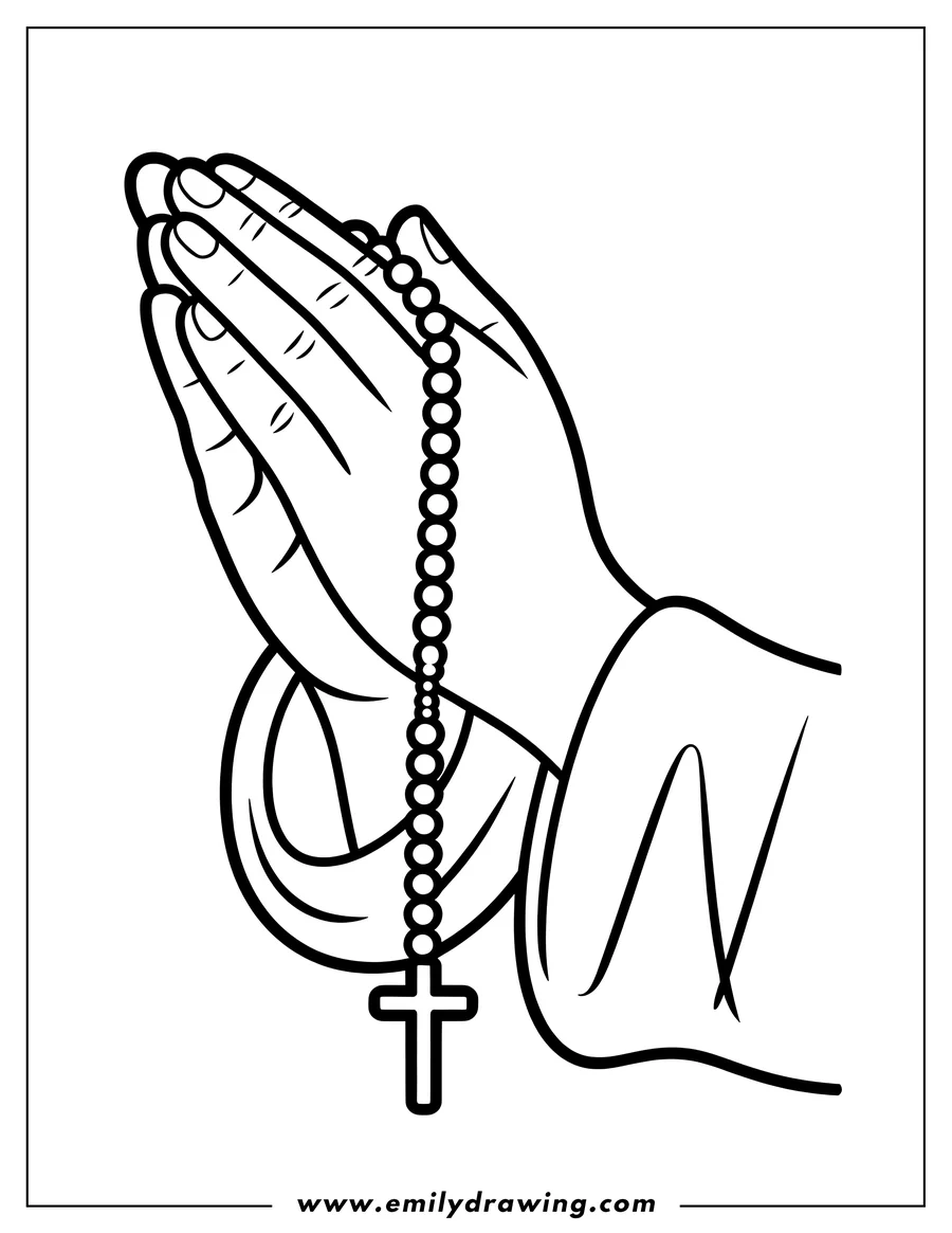 Line art of two hands clasped in prayer holding a rosary with beads and a crucifix.