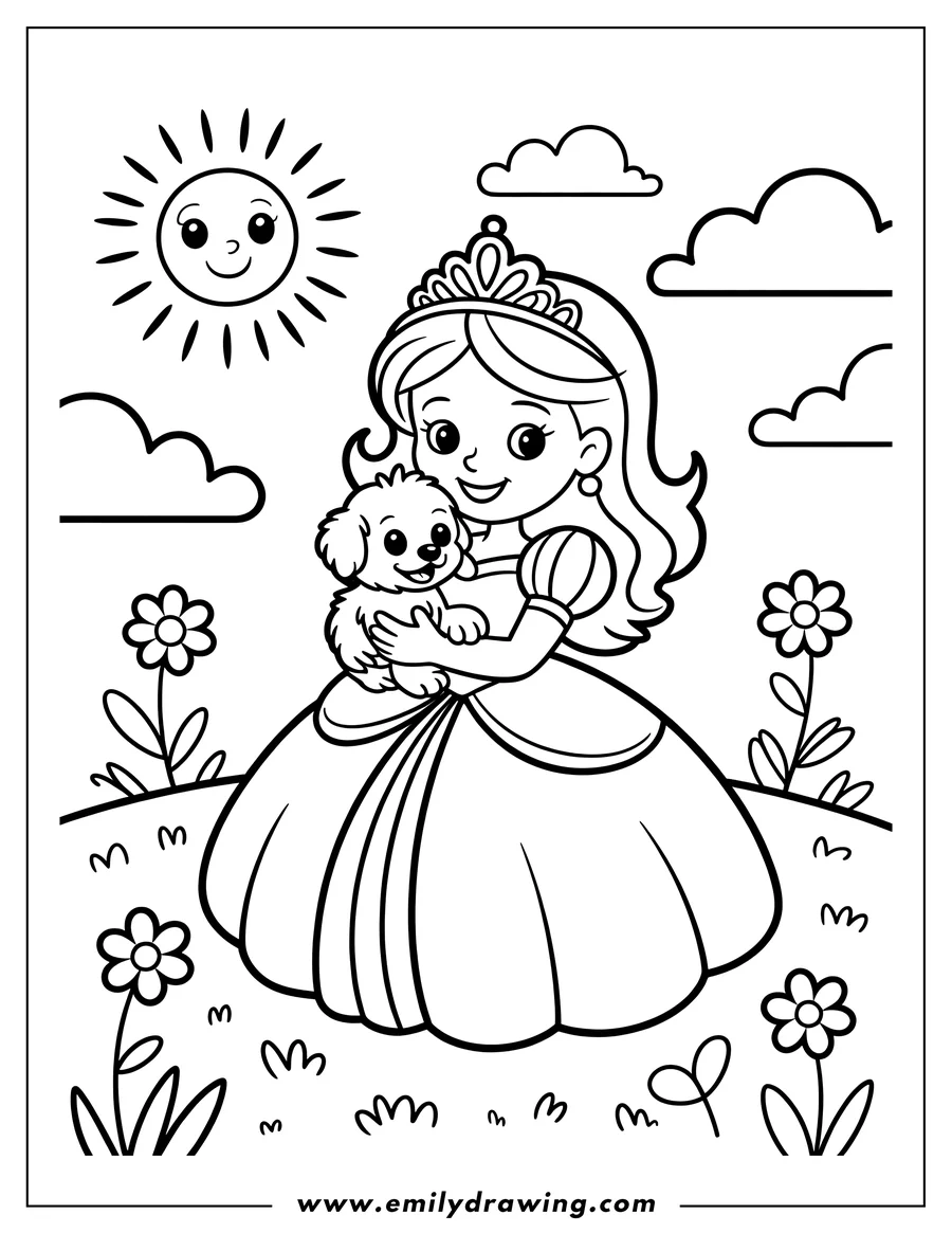Line art of a princess holding a puppy in a field of flowers under a smiling sun.