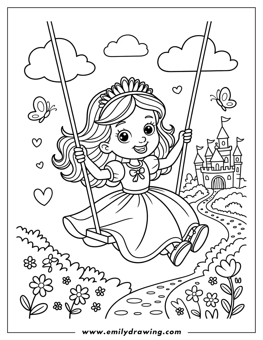Line art of a princess swinging happily with a castle in the background.
