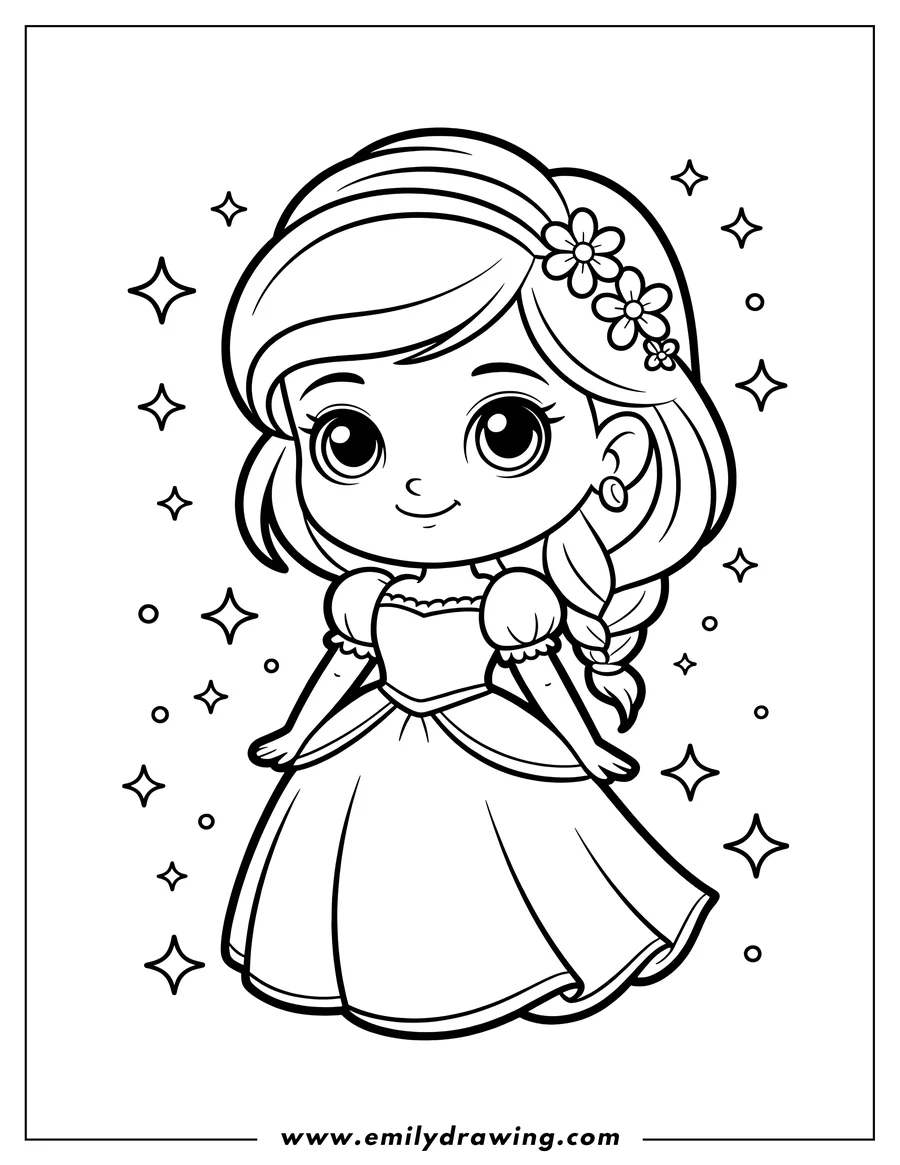 Outline of a princess wearing a gown, flowers in her braided hair, and small earrings. Stars surround her, adding a magical touch.
