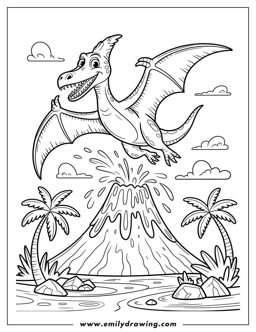 Line art of a pterodactyl flying near an erupting volcano, with palm trees and water in the foreground.