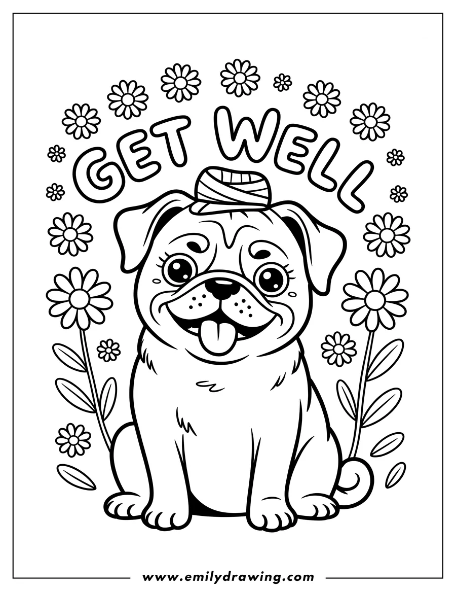 Line art of a pug with a bandage on its head, surrounded by flowers and the words 