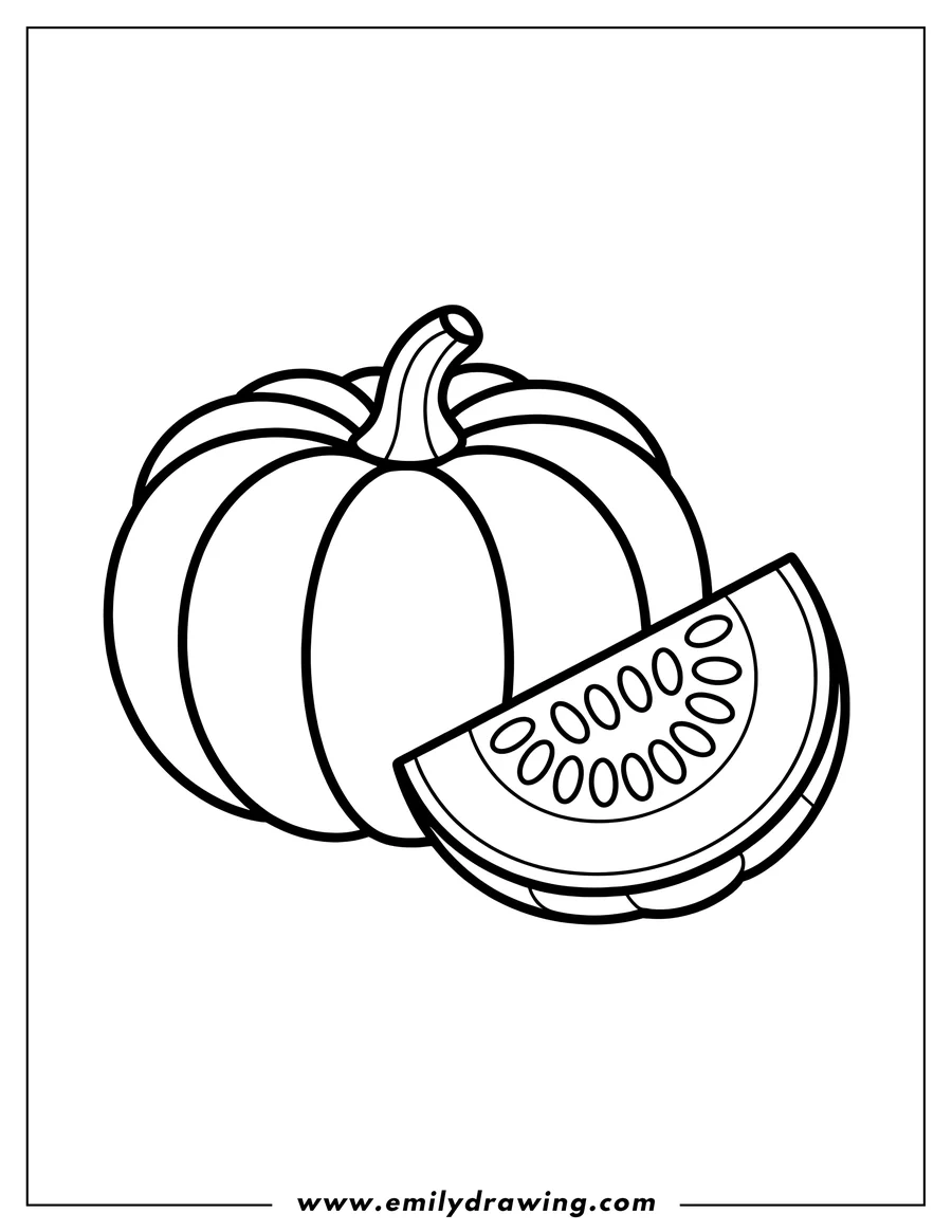 Line art of a whole pumpkin and a pumpkin slice.