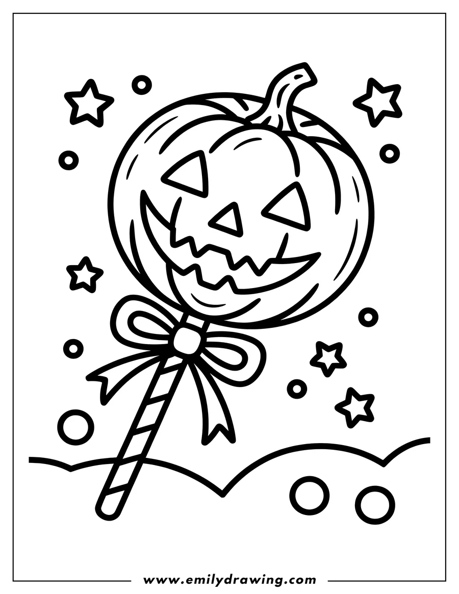 Line art of a pumpkin lollipop with a carved face, tied with a bow on the stick, against a background of stars and swirls.