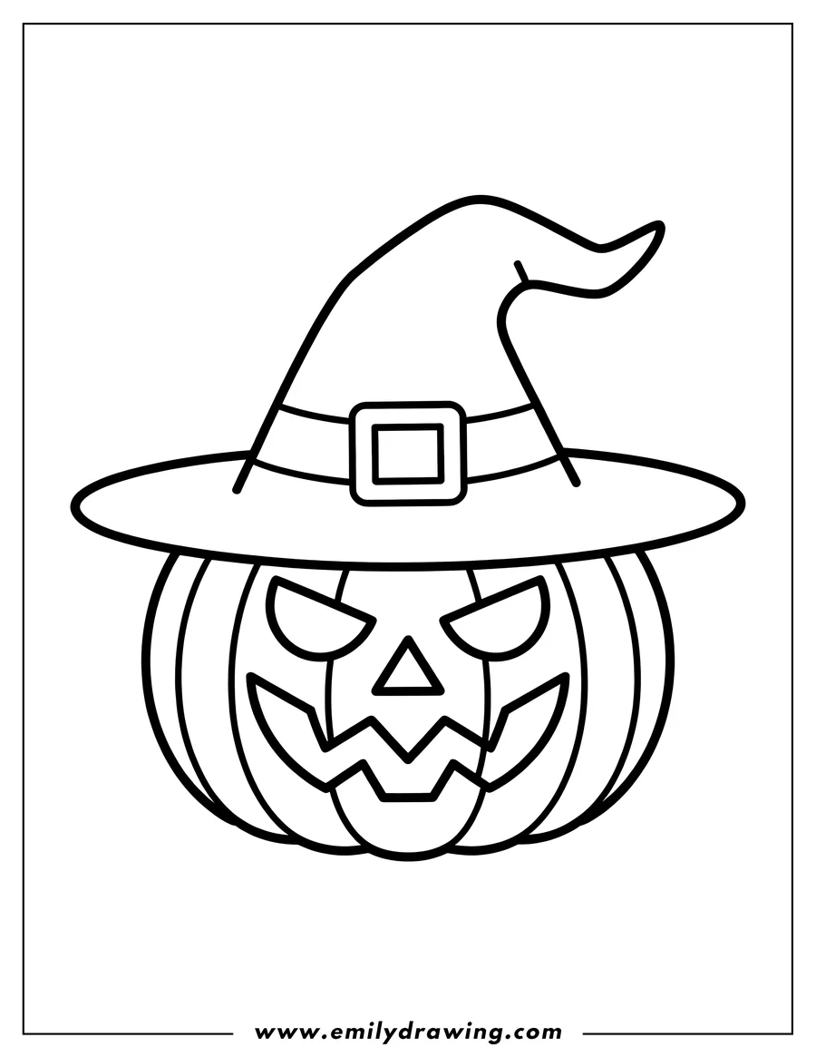 Line art of a pumpkin wearing a witch's hat.