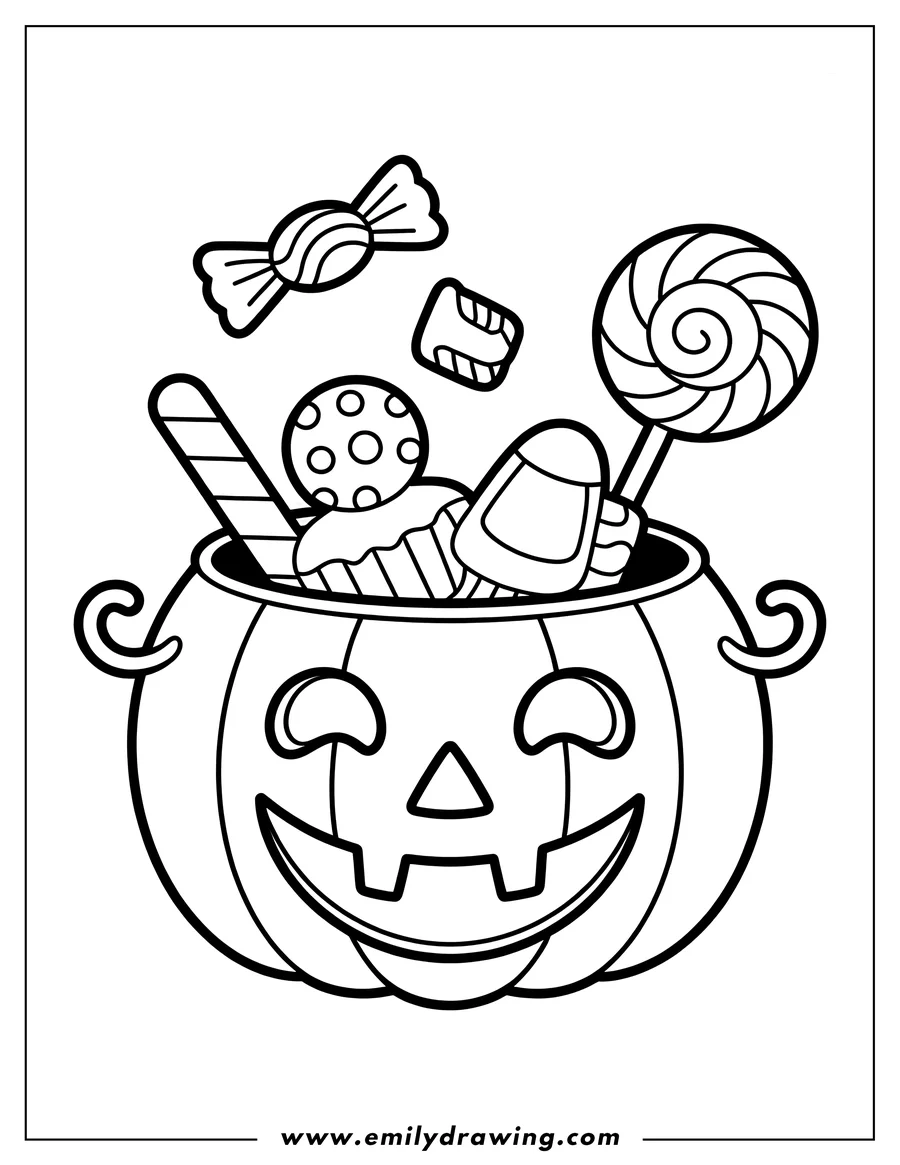 Outline of a smiling jack-o'-lantern pumpkin filled with various candies, including a lollipop, wrapped candy, candy corn, marshmallow, cupcake, and candy cane.