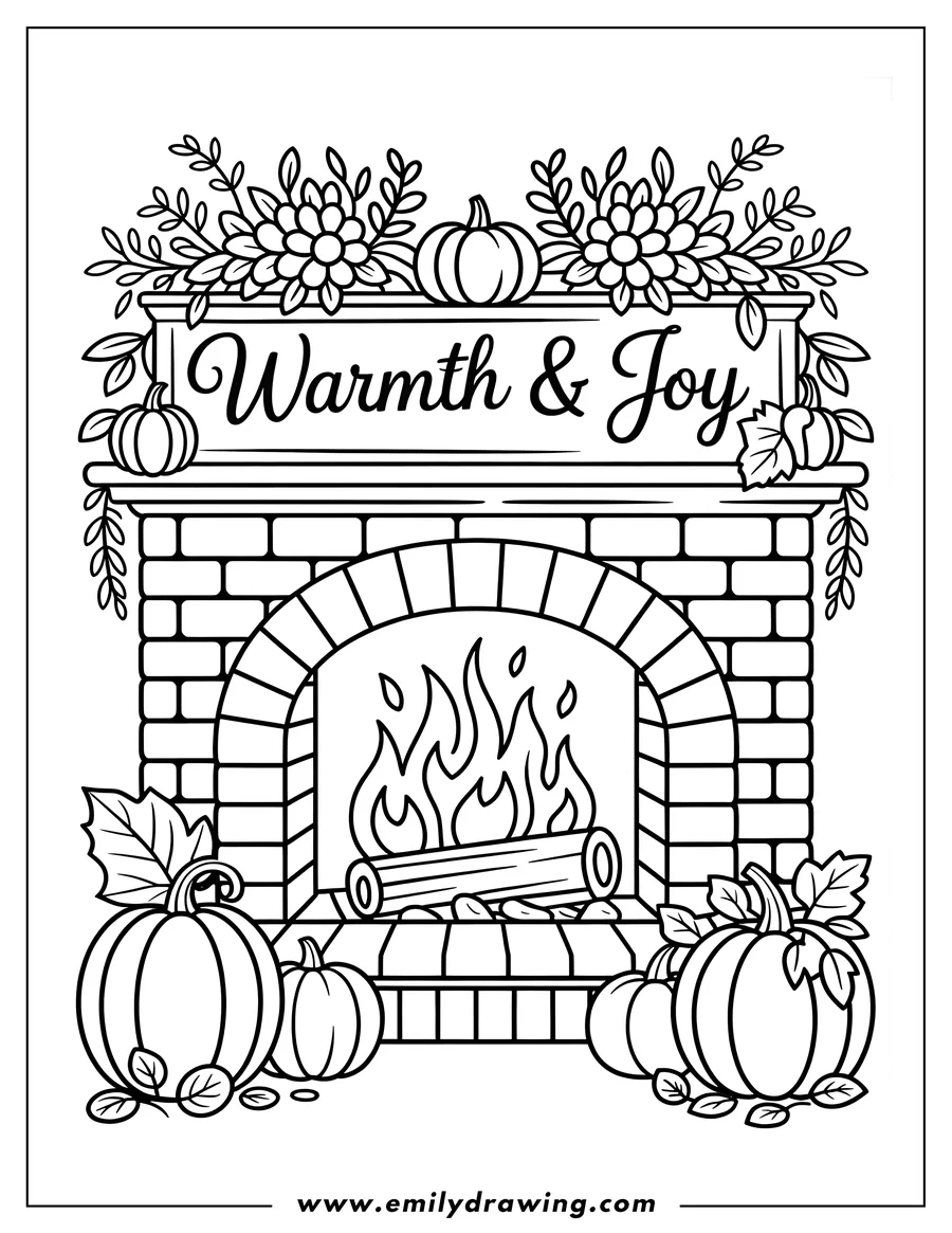 Outline of a brick fireplace with a burning log and pumpkins arranged around the hearth. Pumpkins and flowers are also decoratively displayed on the mantelpiece.