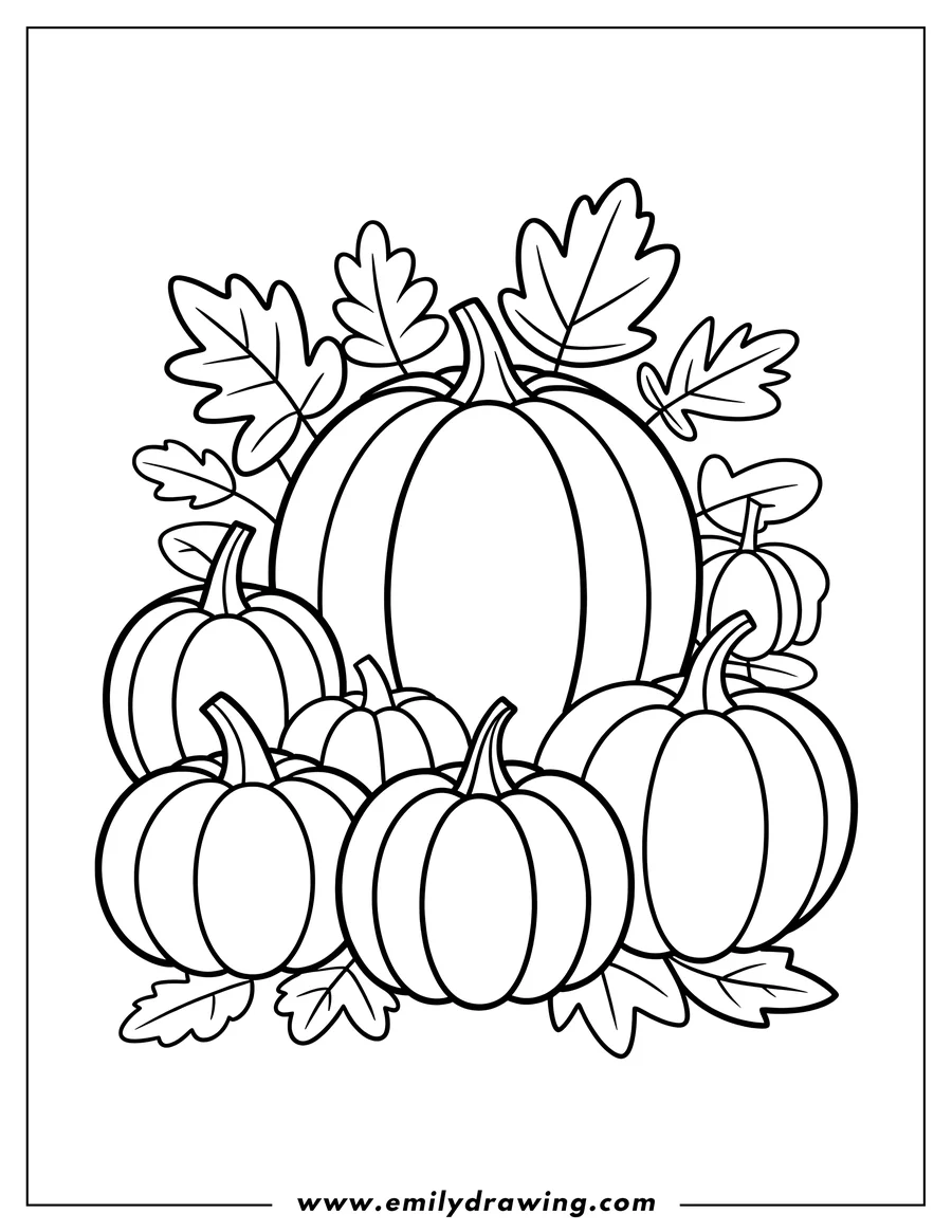 Outline of a group of pumpkins of various sizes surrounded by autumn leaves.