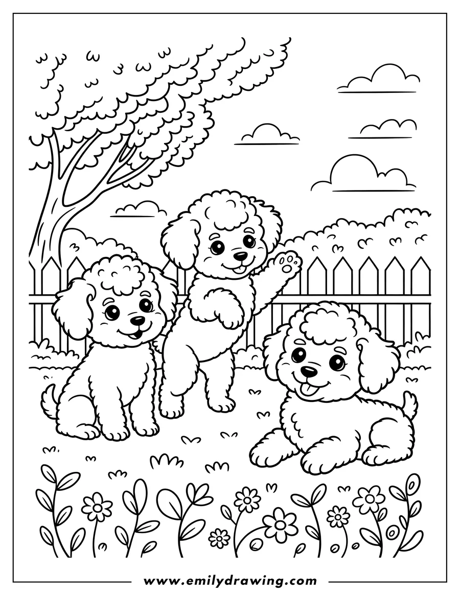 Outline of three poodle puppies playing in a garden with a fence, tree, and flowers.