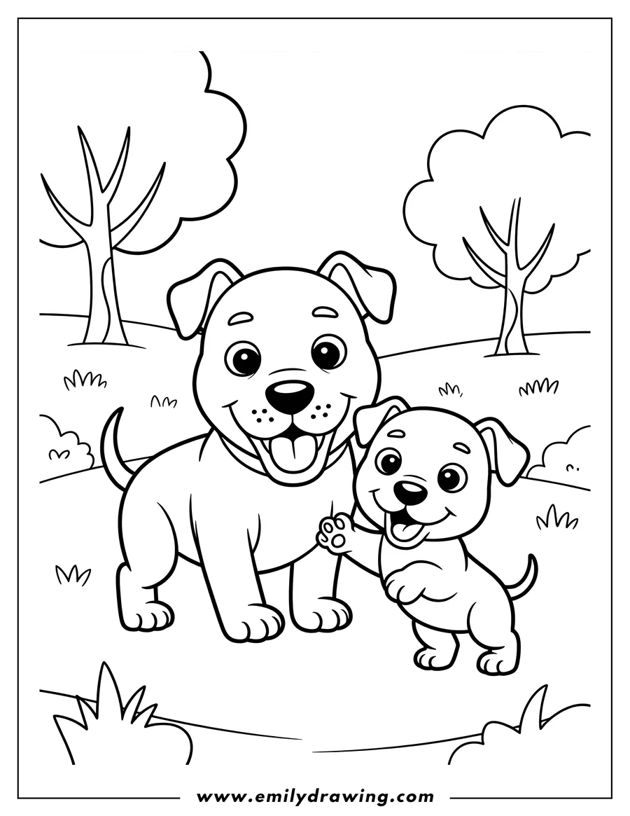 Outline of two playful puppies in a park setting. The larger puppy stands while the smaller puppy reaches up with its paw, as if playing together.