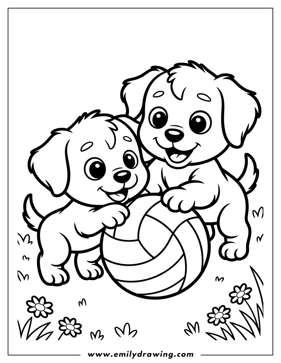 Two playful puppies with a ball in the grass.