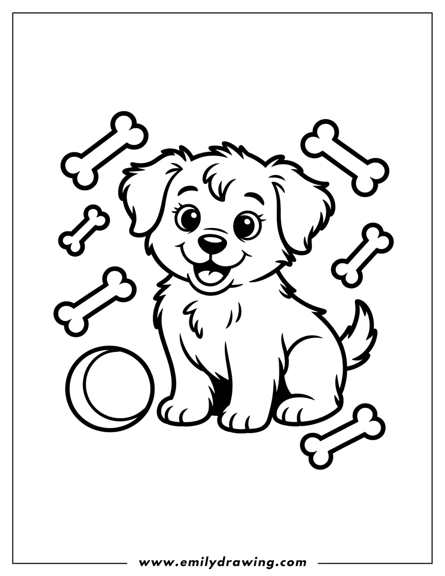 Line art of a happy puppy sitting next to a ball, surrounded by bones.