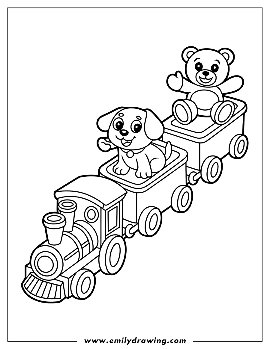 Outline of a puppy and a teddy bear riding in separate carts of a toy train.