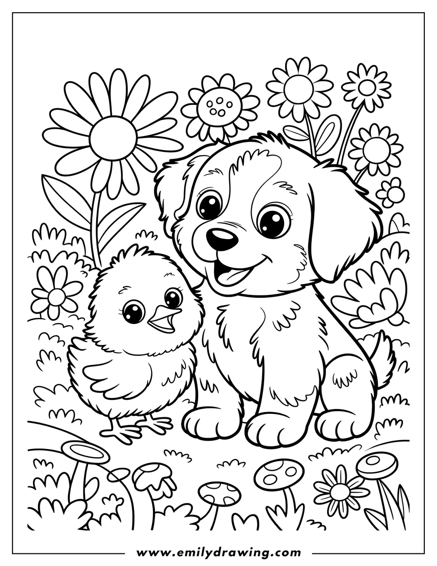 Outline of a puppy and a chick standing together in a garden filled with flowers and mushrooms