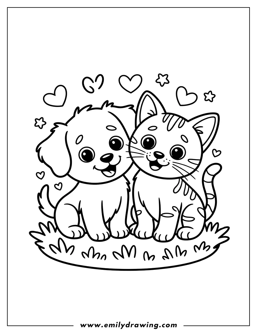 Outline of a puppy and kitten sitting together, surrounded by hearts and stars.