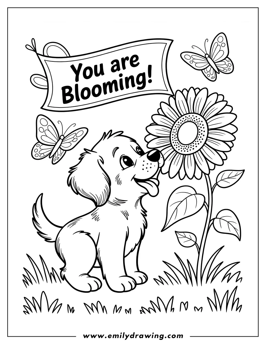 Line art of a puppy sitting near a sunflower with butterflies and a 'You Are Blooming' banner.