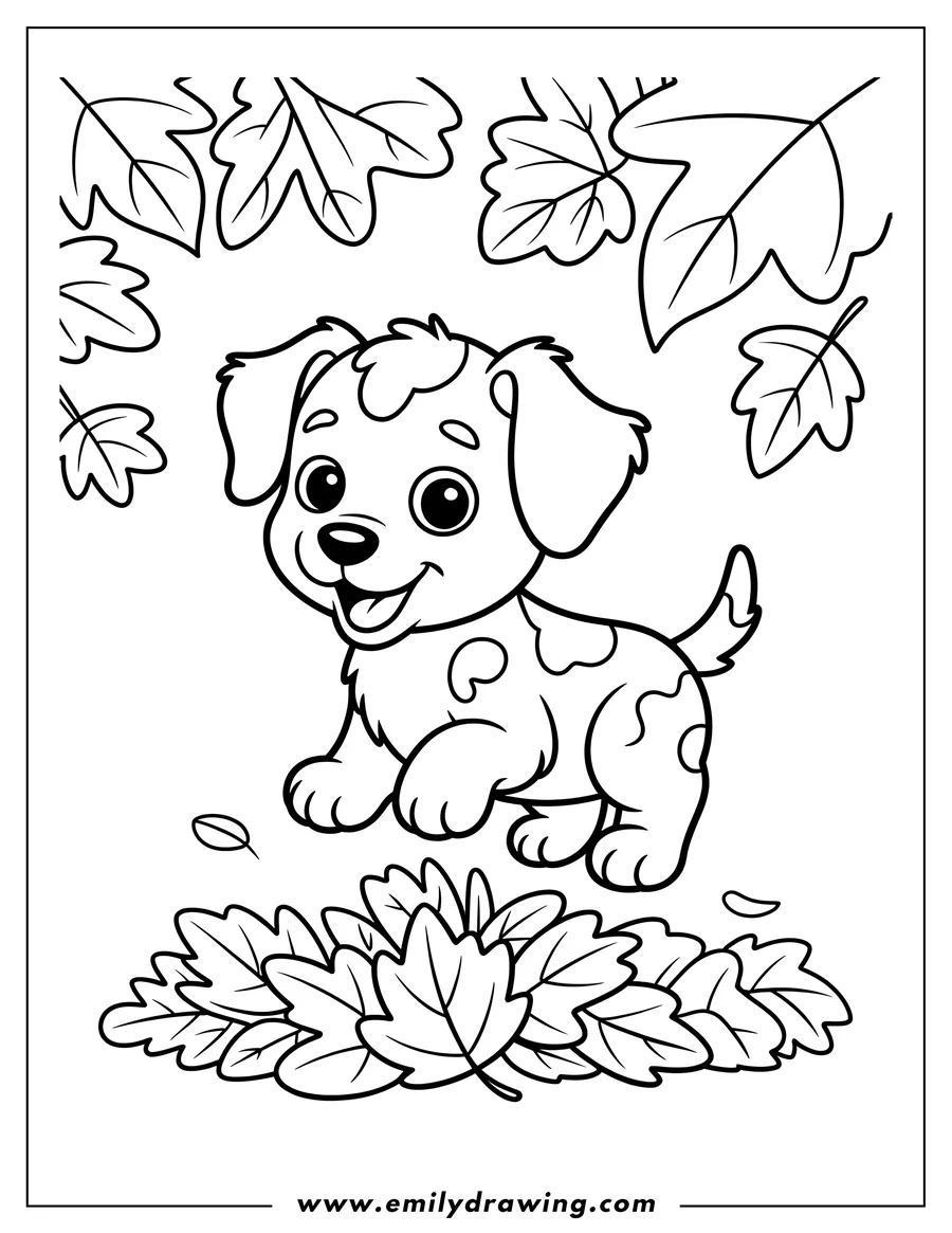 Outline of a playful puppy standing amongst autumn leaves.
