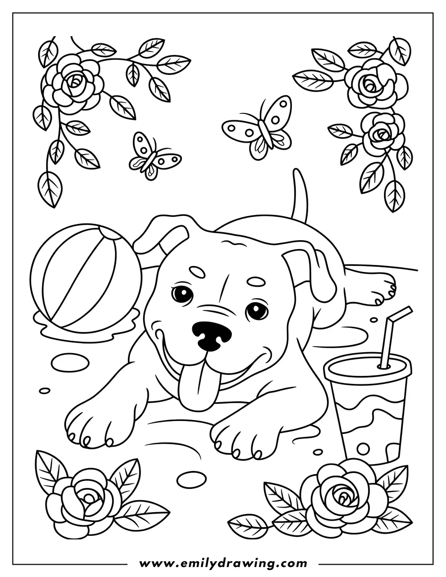 Line art of a puppy with a beach ball and a drink, surrounded by butterflies and roses.