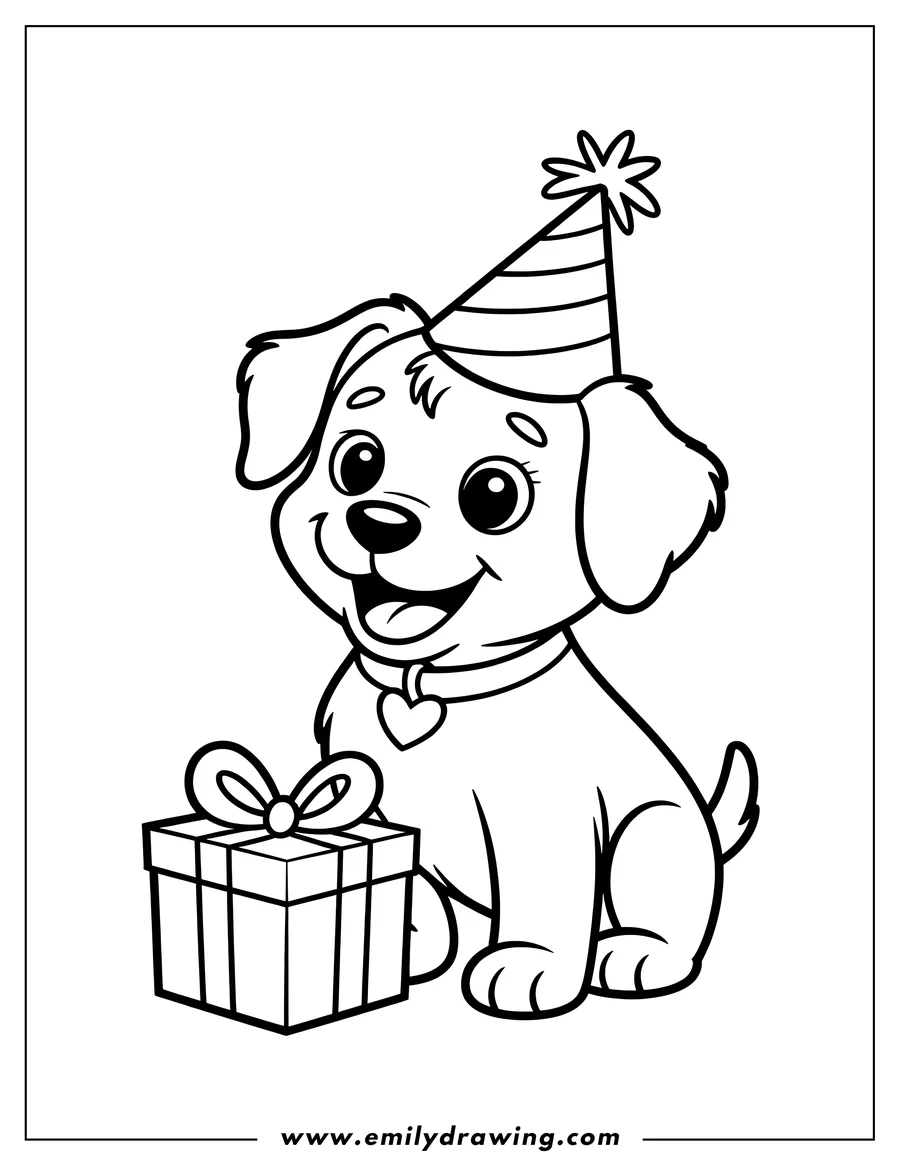 Outline of a puppy wearing a party hat and sitting next to a birthday present.