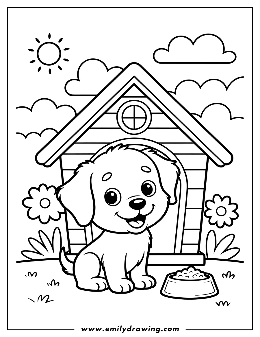 Outline of a puppy sitting by its doghouse with a bowl of food in front and flowers nearby. The sun is shining and there are fluffy clouds in the sky.