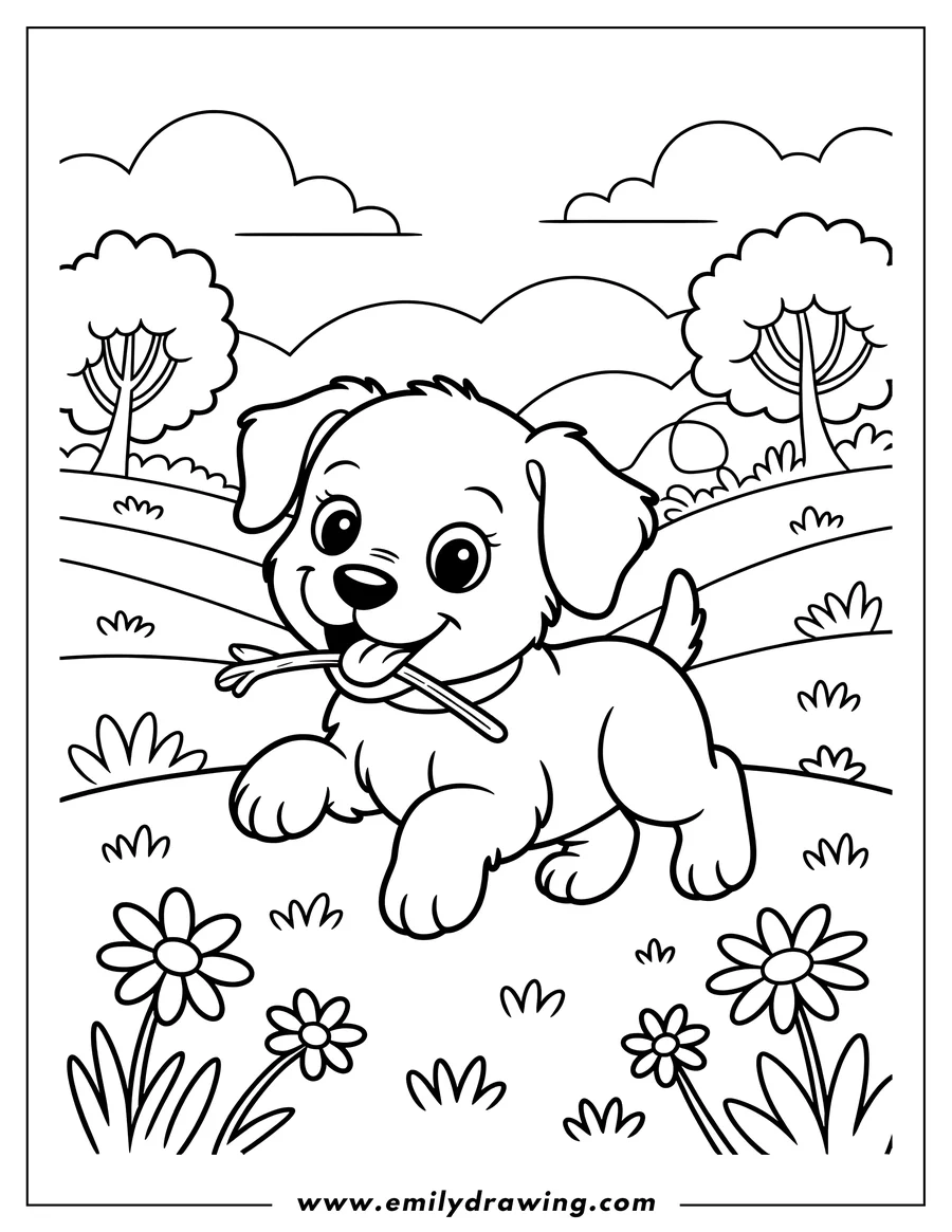 Outline of a puppy happily carrying a stick in its mouth, walking in a field with flowers and trees in the background.