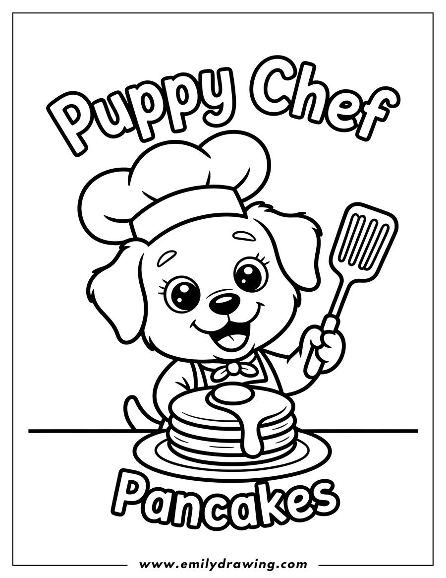Line art of a puppy chef wearing a chef's hat and apron, holding a spatula and presenting a plate of pancakes.