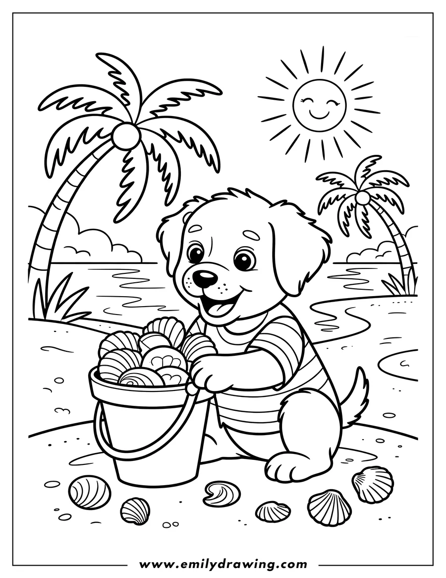 Line art of a puppy collecting seashells in a bucket on a sunny beach with palm trees.