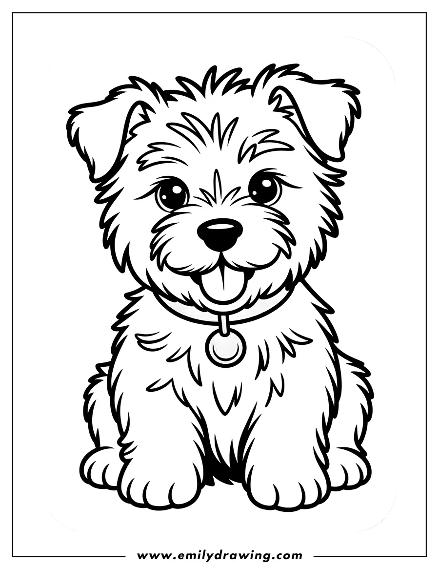 Outline of a fluffy puppy sitting with its tongue out