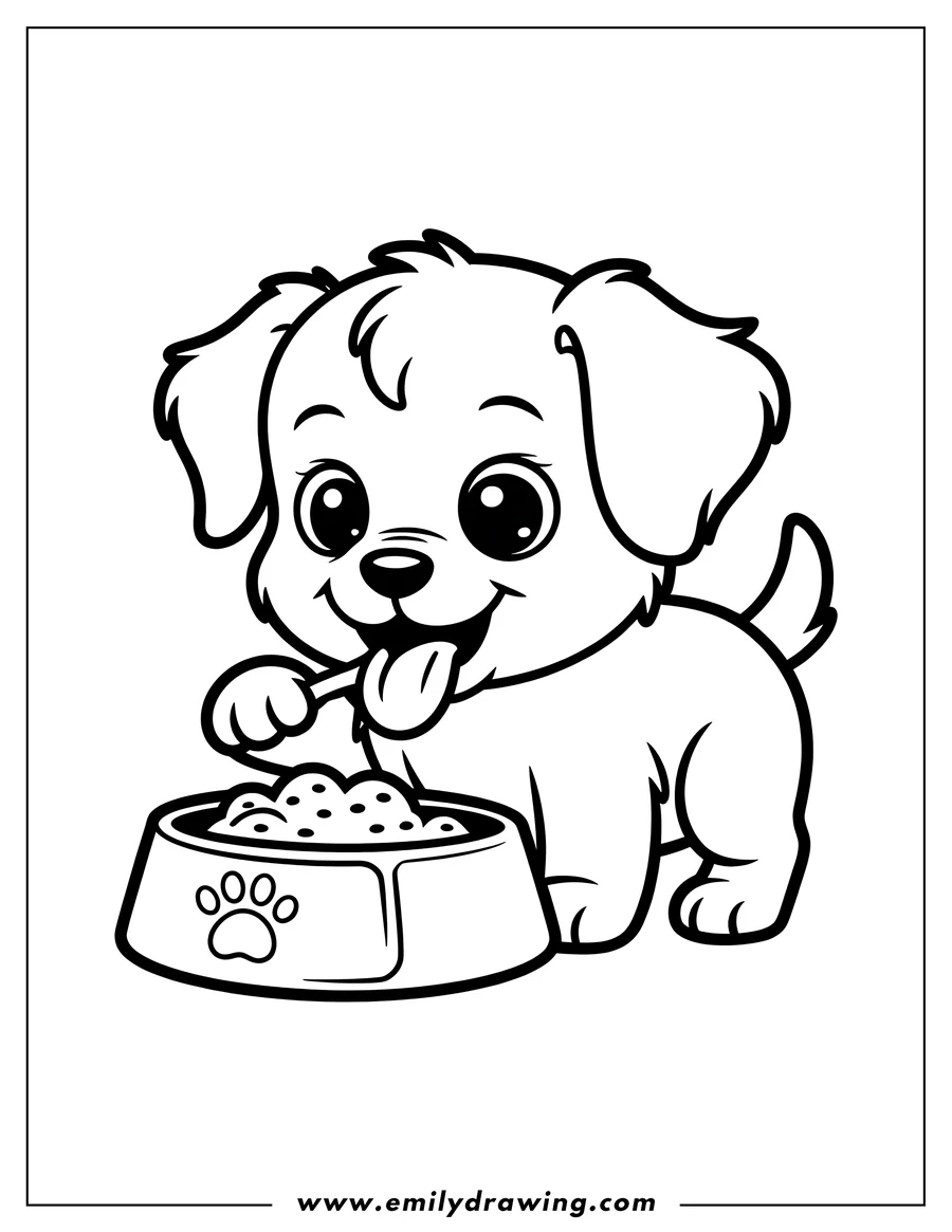 Line art of a puppy happily eating from its food bowl.