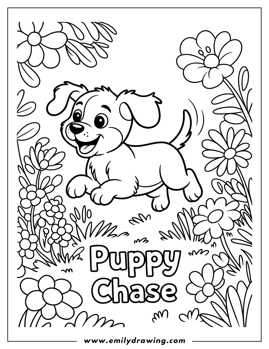 Line art of a happy puppy running through a field of flowers.