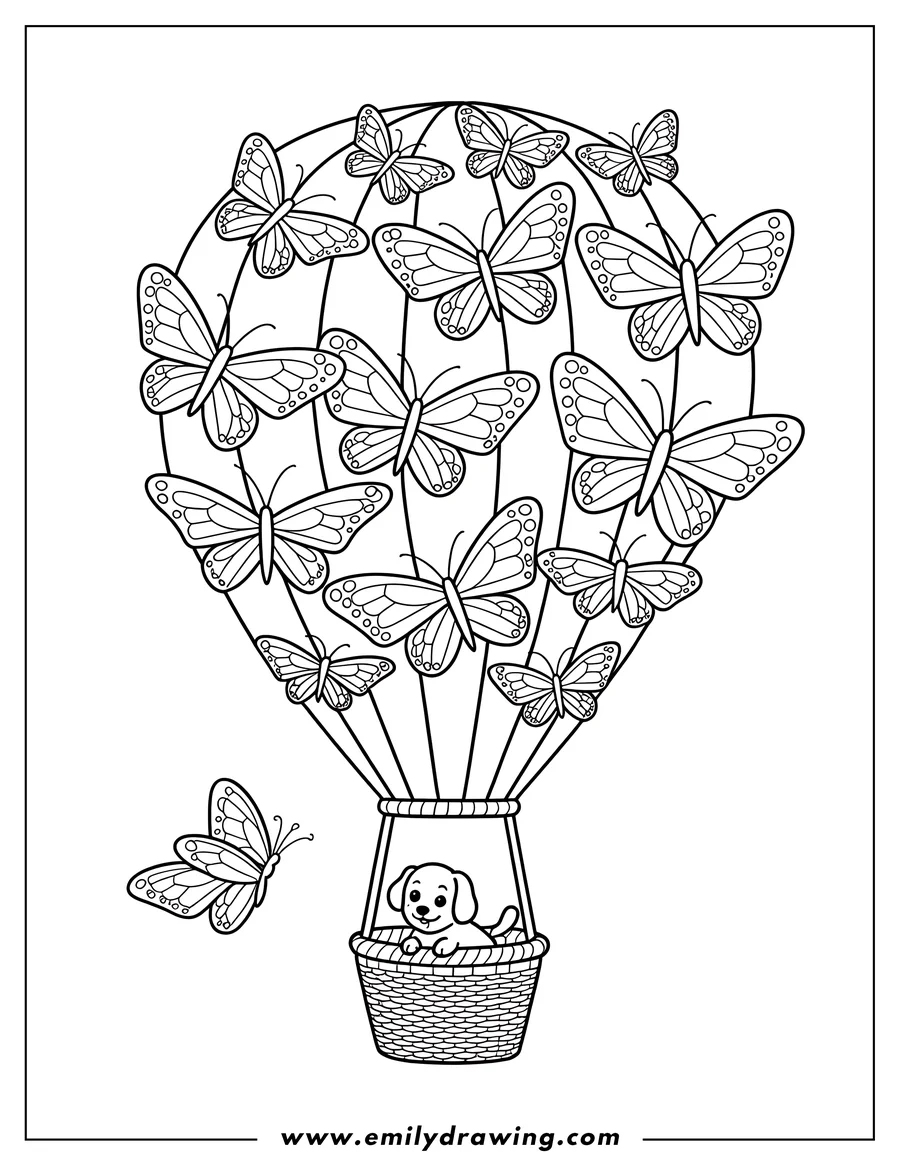 Outline of a puppy riding in a hot air balloon filled with butterflies. Another butterfly flies nearby.