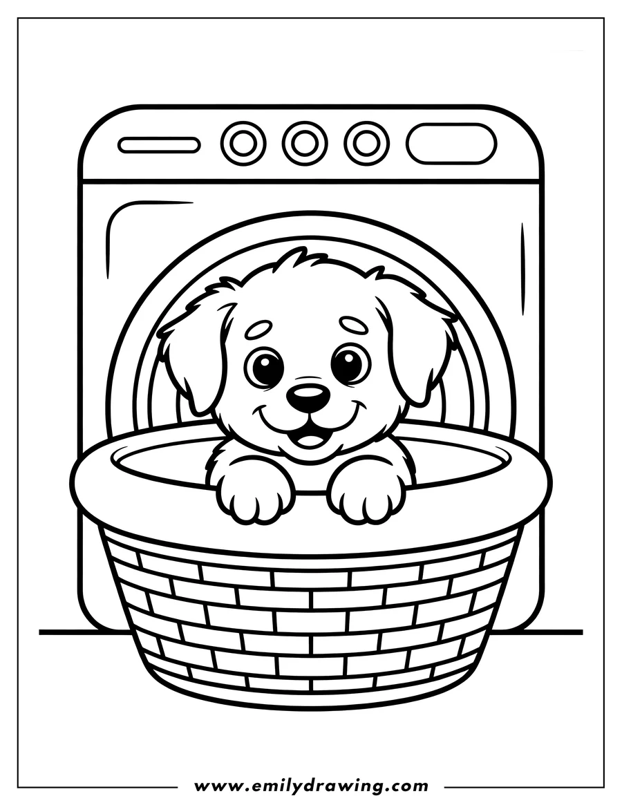 Outline of a puppy sitting in a basket next to a washing machine, ready for bath time.