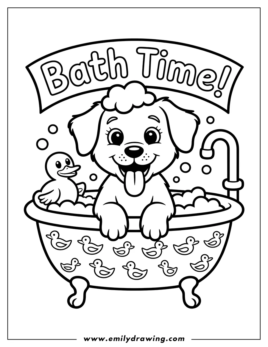 Outline of a playful puppy happily bathing in a bathtub with a rubber ducky, surrounded by bubbles. The tub is decorated with small duck images.