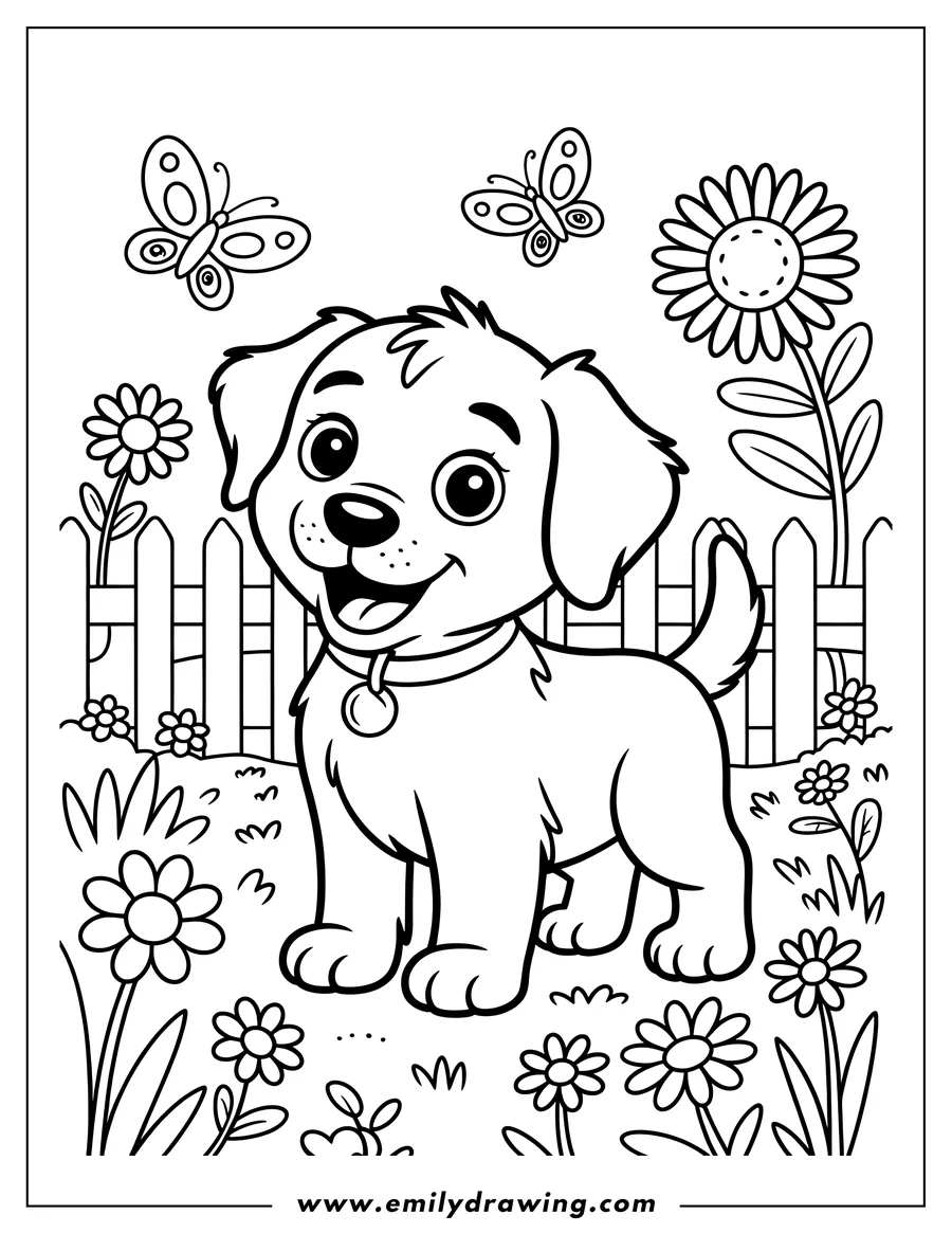 Outline of a happy puppy standing in a garden with flowers and butterflies.