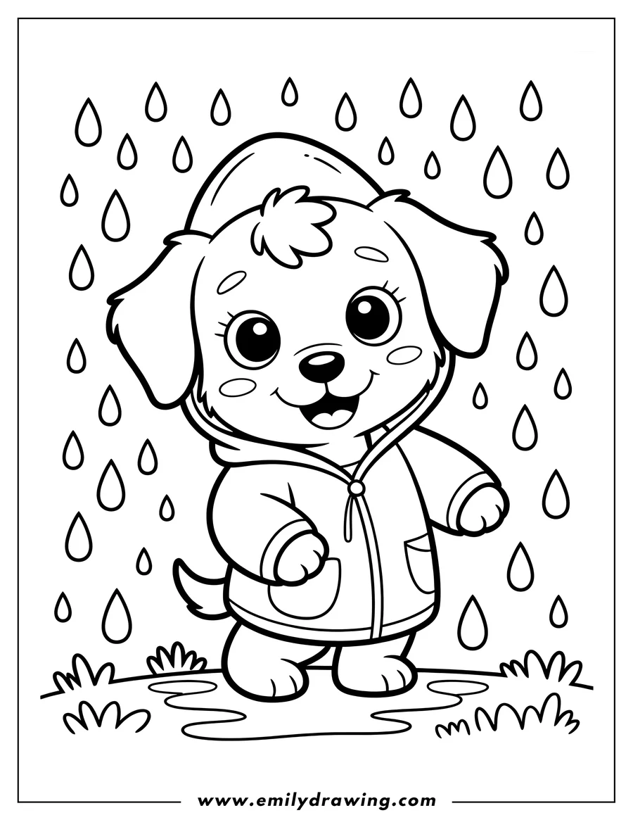 Outline of a cheerful puppy wearing a raincoat and standing in the rain.