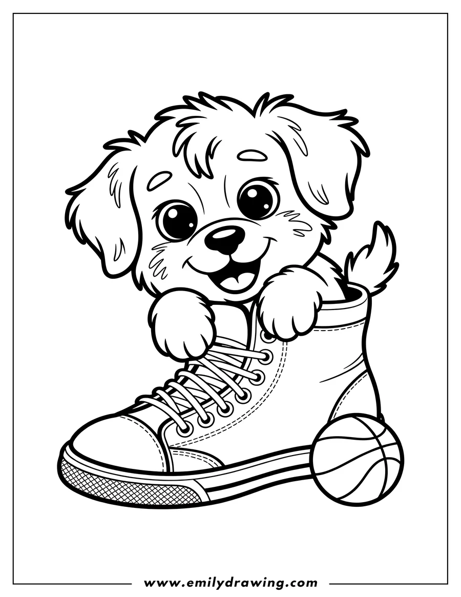 Line art of a playful puppy sitting inside a sneaker with a basketball nearby.
