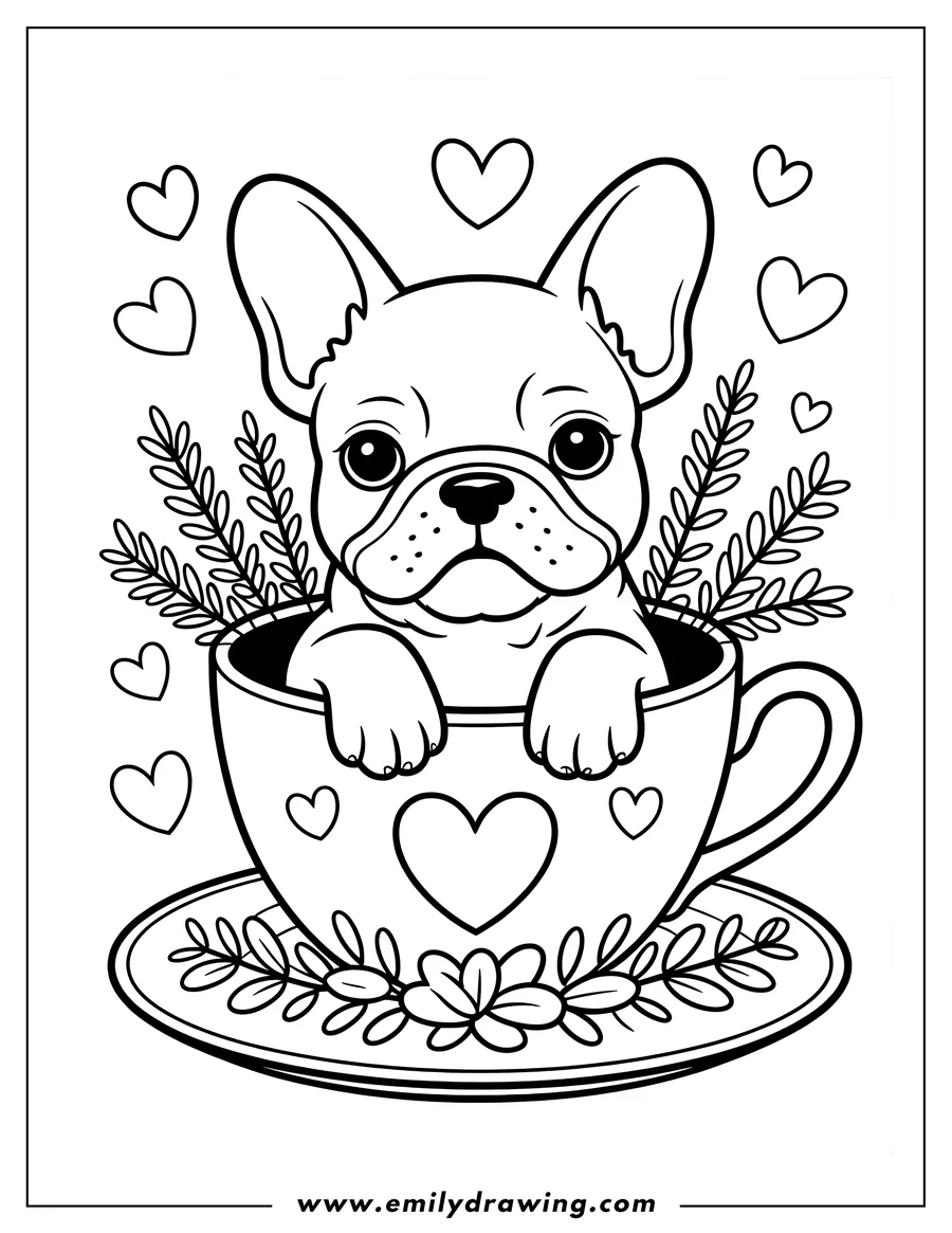 Outline of a puppy sitting in a teacup decorated with hearts. Leafy sprigs decorate the inside and outside of the cup.