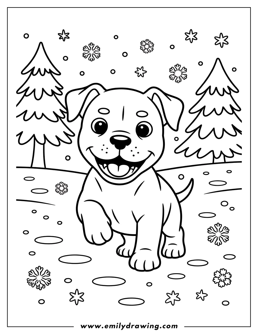 Outline of a happy puppy playing in the snow, surrounded by snowflakes and fir trees.