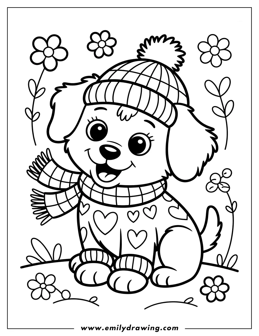 Line art of a puppy wearing a winter hat, scarf, and heart-patterned sweater, surrounded by simple flowers.