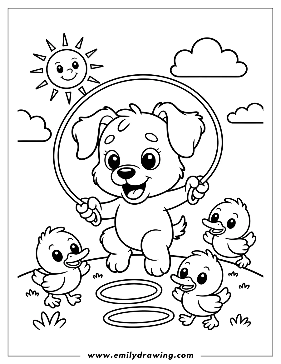 Outline of a playful puppy jumping rope with three ducklings watching nearby. The sun is shining and there are fluffy clouds in the sky.