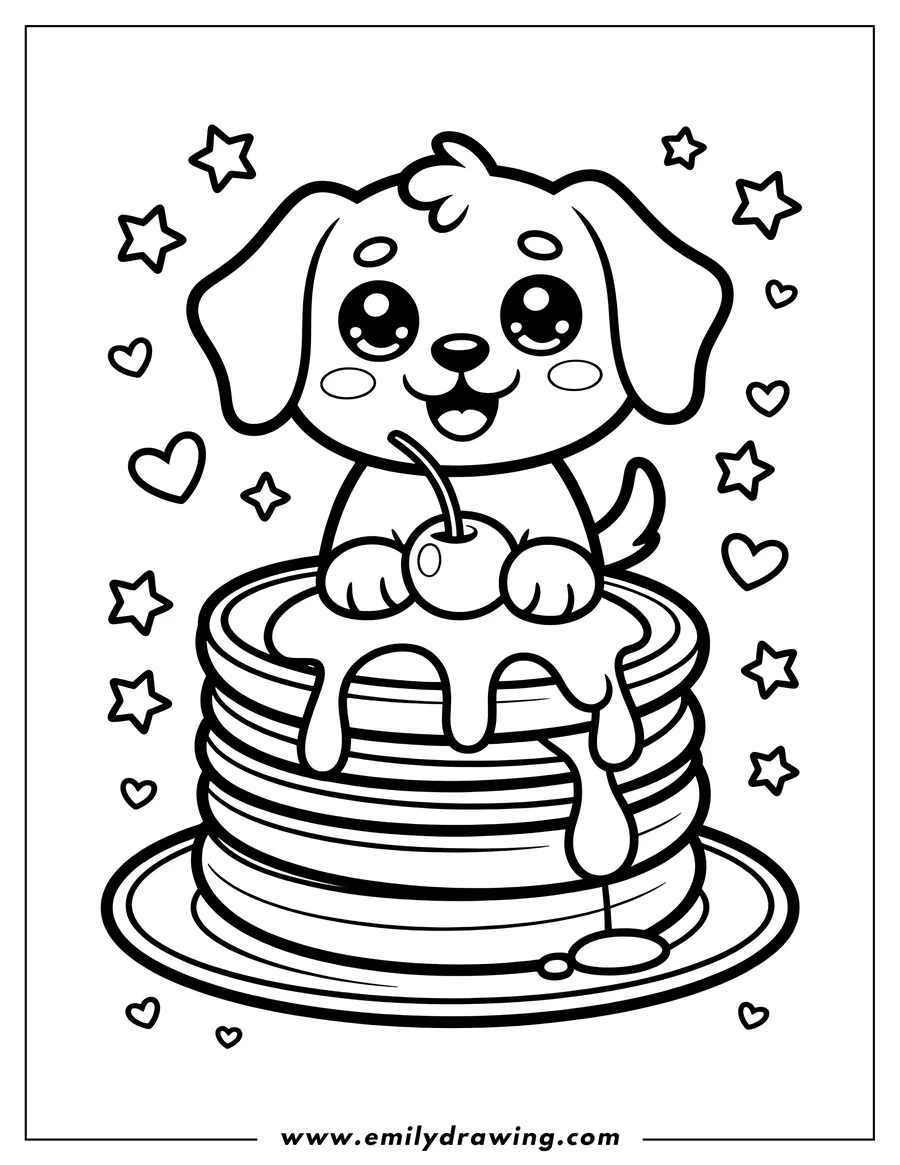 Outline of a cute puppy sitting on a stack of pancakes with syrup and a cherry, surrounded by decorative stars and hearts.