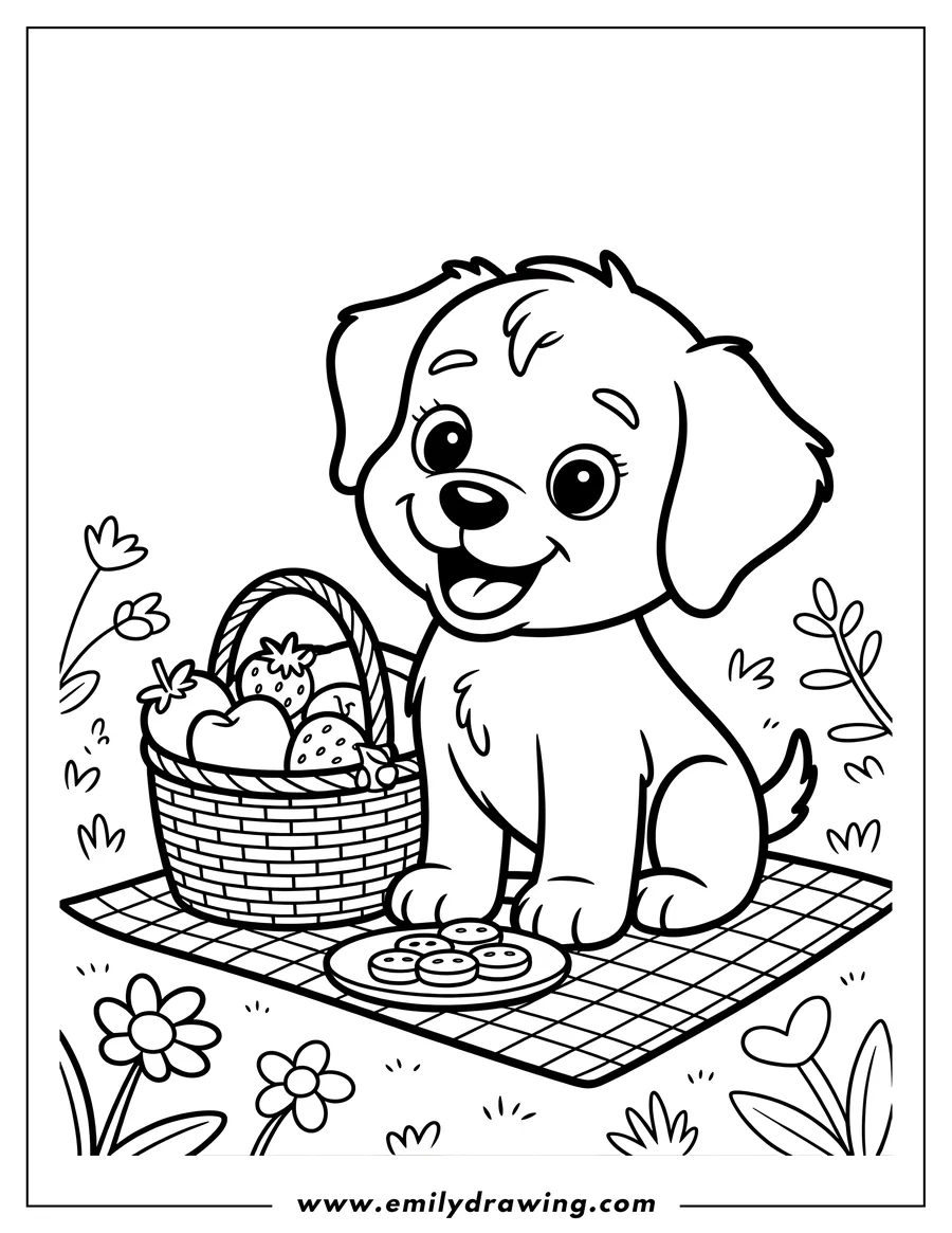 Outline of a puppy sitting on a picnic blanket with a basket of fruit and a plate of cookies.